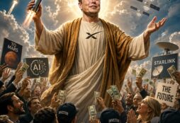 IMAGE: Elon Musk portrayed as a messianic figure, holding a rocket above investors offering money amid satellites, AI symbols and promises of Mars.