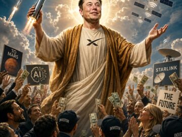 IMAGE: Elon Musk portrayed as a messianic figure, holding a rocket above investors offering money amid satellites, AI symbols and promises of Mars.