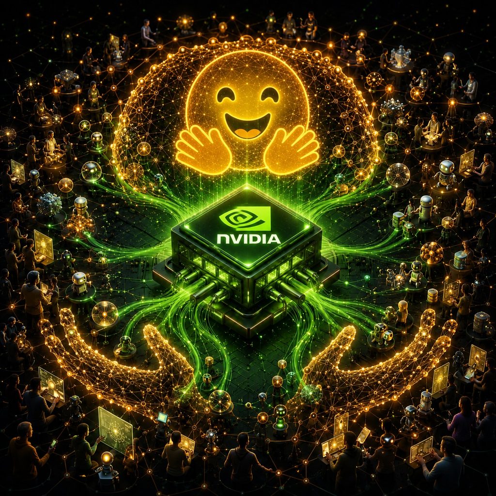 IMAGE: A glowing Nvidia chip powers an open network gathered around the Hugging Face symbol.