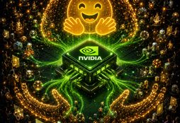 IMAGE: A glowing Nvidia chip powers an open network gathered around the Hugging Face symbol.