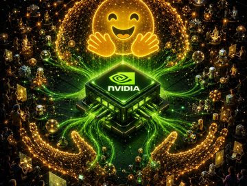 IMAGE: A glowing Nvidia chip powers an open network gathered around the Hugging Face symbol.