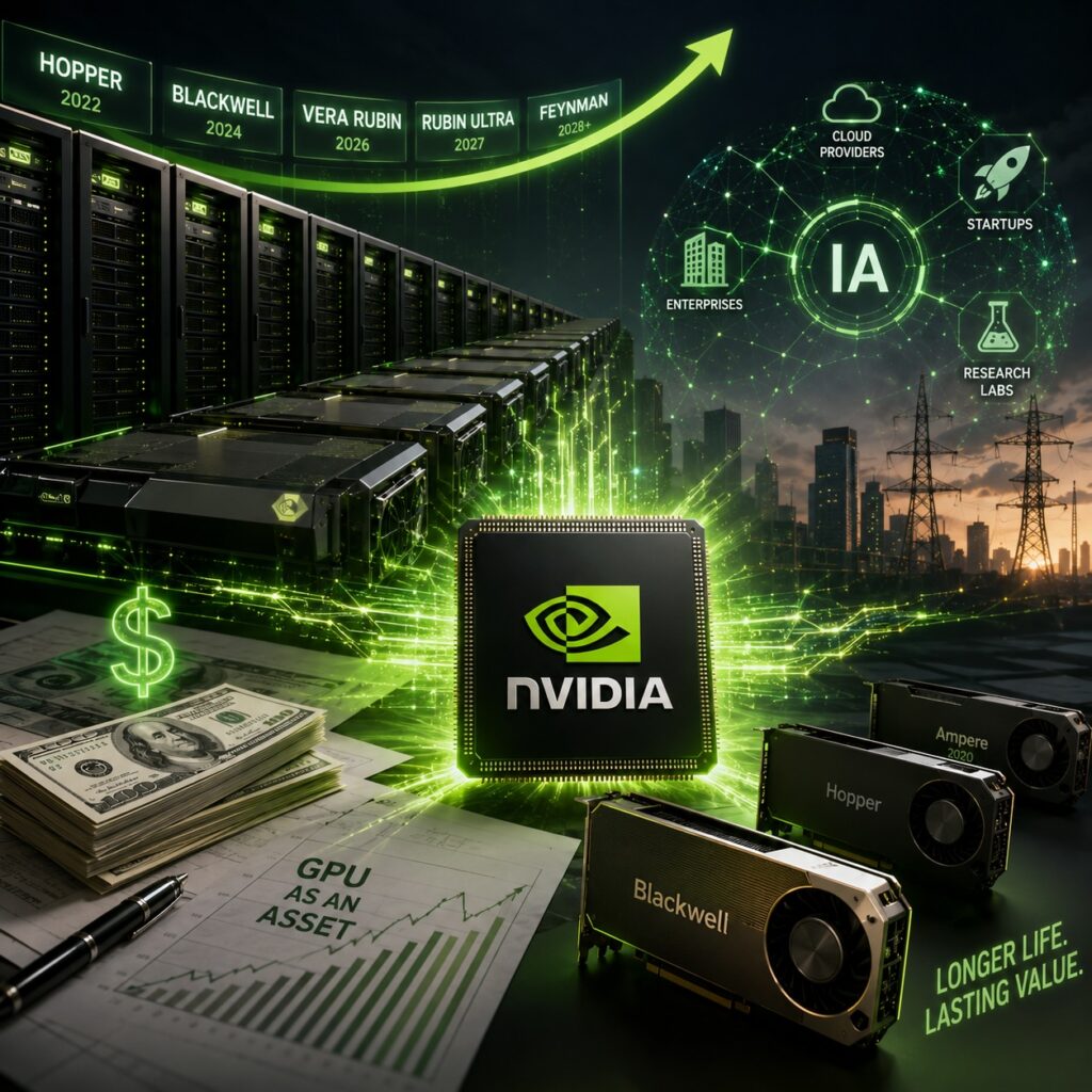 IMAGE: Nvidia’s AI ecosystem visualized through GPUs, data centers, rising demand and long-term chip value.