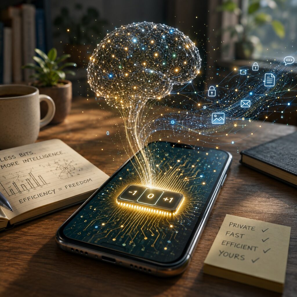 IMAGE: A smartphone runs a compact AI represented by a glowing neural network emerging from a chip marked −1, 0 and +1, symbolizing efficient, private on-device intelligence.