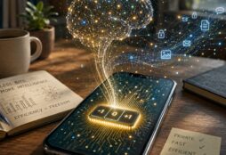 IMAGE: A smartphone runs a compact AI represented by a glowing neural network emerging from a chip marked −1, 0 and +1, symbolizing efficient, private on-device intelligence.