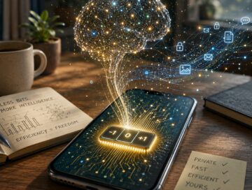 IMAGE: A smartphone runs a compact AI represented by a glowing neural network emerging from a chip marked −1, 0 and +1, symbolizing efficient, private on-device intelligence.