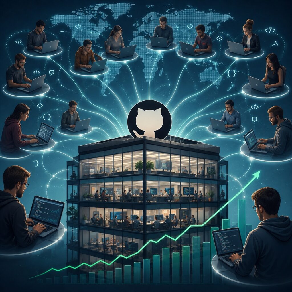 IMAGE: A global network of external developers connects to a software company through GitHub, illustrating how open-source collaboration can expand knowledge, productivity, and profitability.
