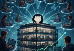 IMAGE: A global network of external developers connects to a software company through GitHub, illustrating how open-source collaboration can expand knowledge, productivity, and profitability.