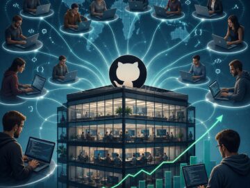 IMAGE: A global network of external developers connects to a software company through GitHub, illustrating how open-source collaboration can expand knowledge, productivity, and profitability.