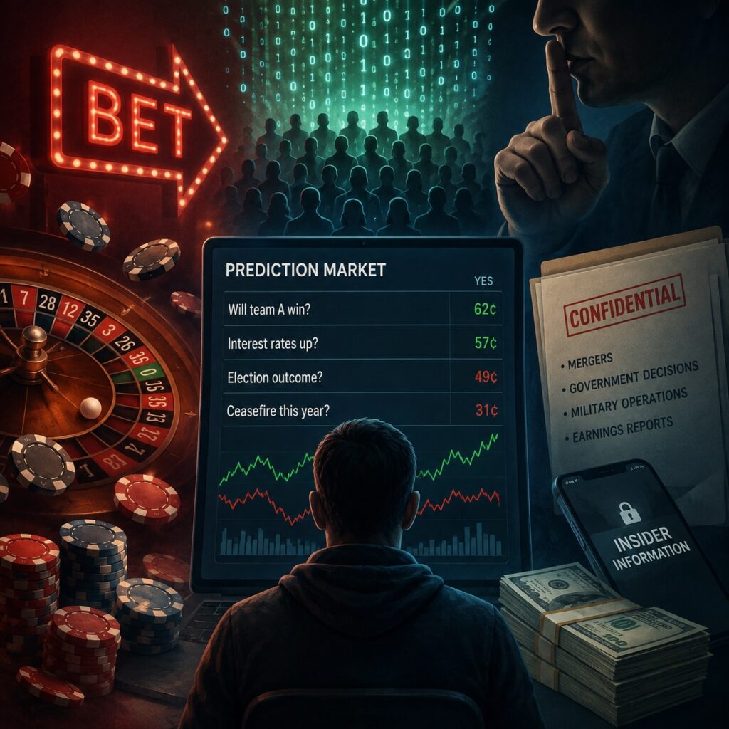 IMAGE: A sinister prediction-market interface merges with a casino table, while a shadowy insider secretly tips the odds in their favor.