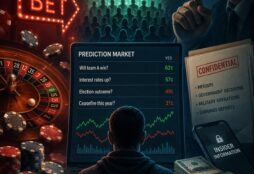 A sinister prediction-market interface merges with a casino table, while a shadowy insider secretly tips the odds in their favor.