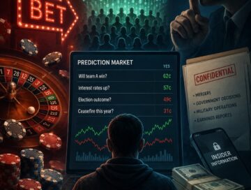 A sinister prediction-market interface merges with a casino table, while a shadowy insider secretly tips the odds in their favor.