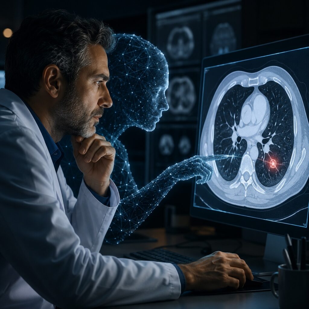 IMAGE: A radiologist and a luminous AI figure examine a highlighted lung scan together. 