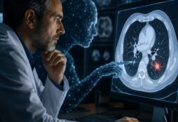 IMAGE: A radiologist and a luminous AI figure examine a highlighted lung scan together.