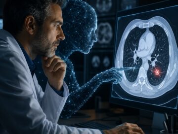 IMAGE: A radiologist and a luminous AI figure examine a highlighted lung scan together.