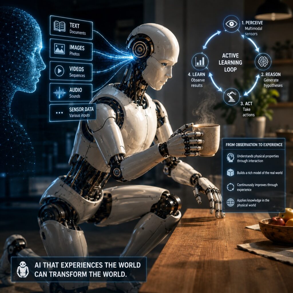 IMAGE: A humanoid robot handles a hot cup while learning from vision, touch and other sensor data, illustrating the shift from passive AI observation to active physical experience.