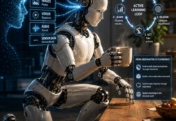 IMAGE: A humanoid robot handles a hot cup while learning from vision, touch and other sensor data, illustrating the shift from passive AI observation to active physical experience.