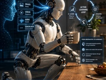 IMAGE: A humanoid robot handles a hot cup while learning from vision, touch and other sensor data, illustrating the shift from passive AI observation to active physical experience.