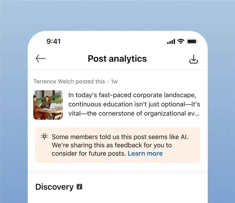 IMAGE: A stupid message from LinkedIn saying that some members "believe" an author used AI to write an article.