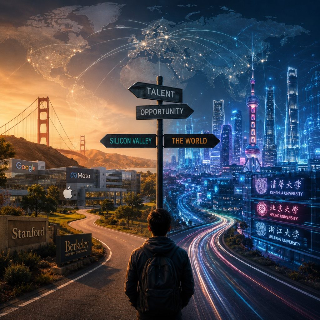 IMAGE: A young technologist stands at a crossroads between Silicon Valley and a global network of emerging AI hubs, symbolizing the changing geography of technological talent. 