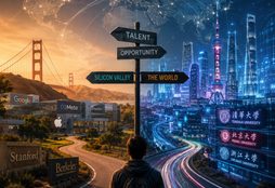 IMAGE: A young technologist stands at a crossroads between Silicon Valley and a global network of emerging AI hubs, symbolizing the changing geography of technological talent.