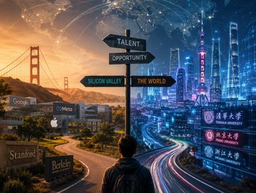 IMAGE: A young technologist stands at a crossroads between Silicon Valley and a global network of emerging AI hubs, symbolizing the changing geography of technological talent.
