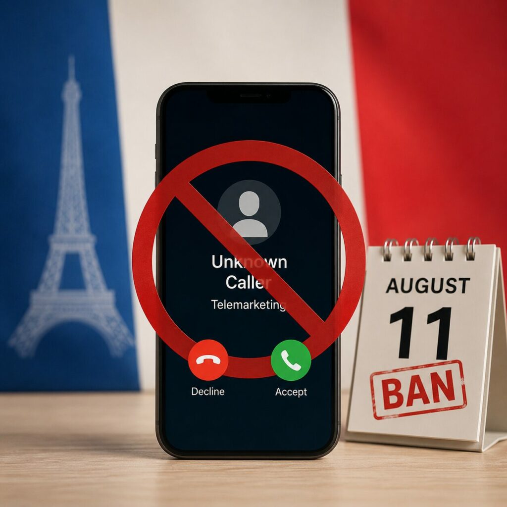IMAGE: A smartphone with an incoming sales call crossed out, against subtle French tricolor cues, symbolizing France’s opt-in ban on unsolicited telemarketing.