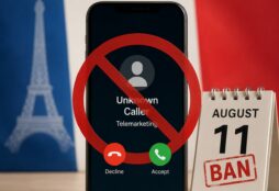 IMAGE: A smartphone with an incoming sales call crossed out, against subtle French tricolor cues, symbolizing France’s opt-in ban on unsolicited telemarketing.