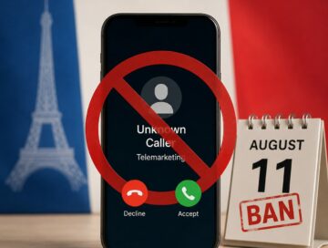 IMAGE: A smartphone with an incoming sales call crossed out, against subtle French tricolor cues, symbolizing France’s opt-in ban on unsolicited telemarketing.