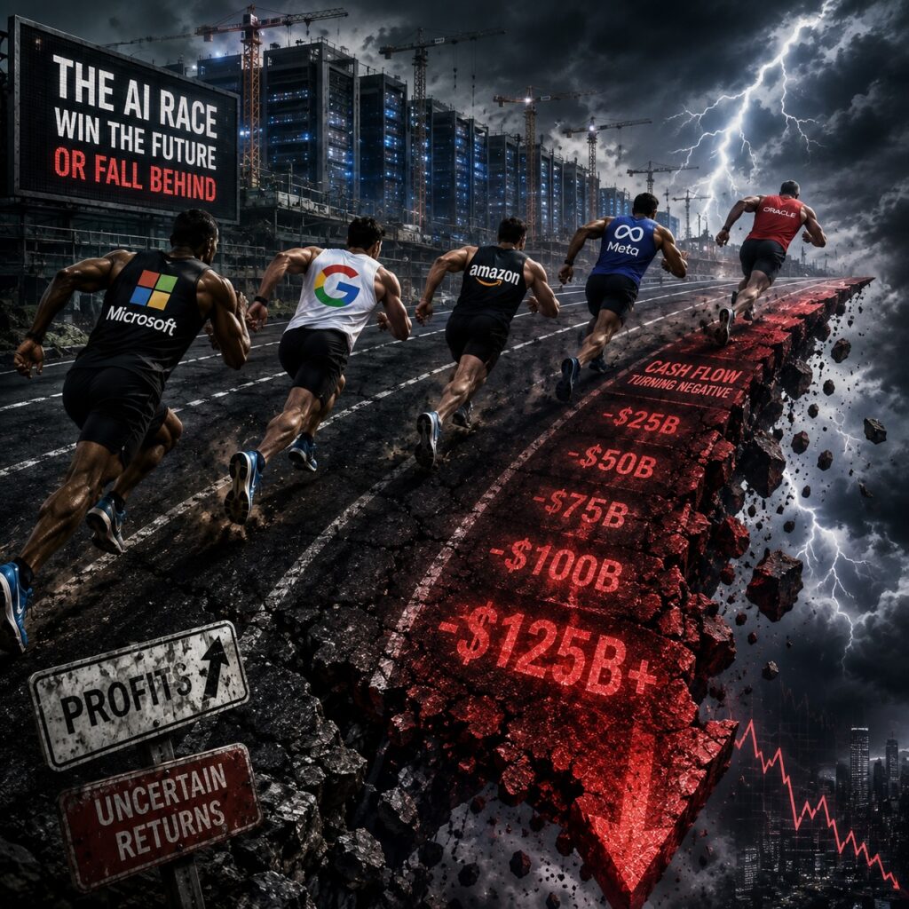 IMAGE: Five tech-company runners race toward a crumbling red cliff marked by increasingly negative cash flow, with massive AI data centers, storm clouds and a plunging financial graph in the background.