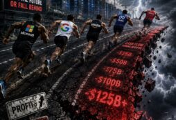 IMAGE: Five tech-company runners race toward a crumbling red cliff marked by increasingly negative cash flow, with massive AI data centers, storm clouds and a plunging financial graph in the background.