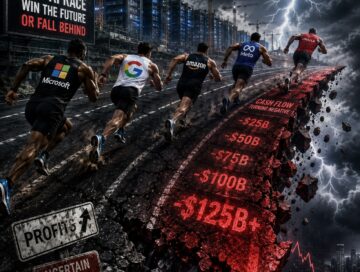 IMAGE: Five tech-company runners race toward a crumbling red cliff marked by increasingly negative cash flow, with massive AI data centers, storm clouds and a plunging financial graph in the background.