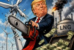 IMAGE: Donald Trump cuts down offshore wind turbines with a chainsaw as fossil-fuel infrastructure and piles of money loom behind him.