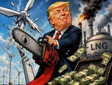 IMAGE: Donald Trump cuts down offshore wind turbines with a chainsaw as fossil-fuel infrastructure and piles of money loom behind him.