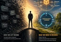 IMAGE: A person stands between fragmented stateless systems and a bright future built on persistent objects, reinforcement learning, and continuous improvement.