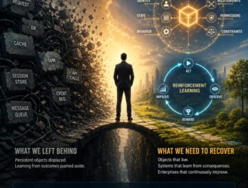 IMAGE: A person stands between fragmented stateless systems and a bright future built on persistent objects, reinforcement learning, and continuous improvement.