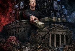 IMAGE: Mark Zuckerberg, defiant, pays off a crumbling courthouse while an ominous social-media machine looms over abandoned children’s belongings.