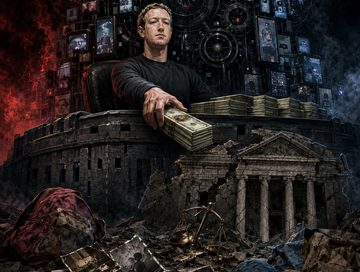 IMAGE: Mark Zuckerberg, defiant, pays off a crumbling courthouse while an ominous social-media machine looms over abandoned children’s belongings.
