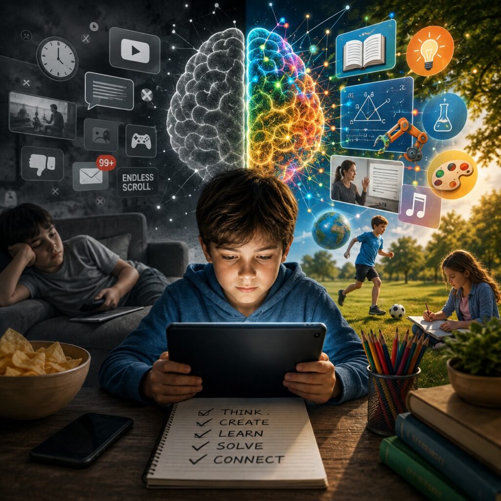 IMAGE: A child uses a tablet while contrasting symbols of passive scrolling and active learning surround them, illustrating how screen use can either distract or stimulate cognition depending on what the child does with it.