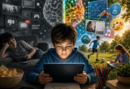 IMAGE: A child uses a tablet while contrasting symbols of passive scrolling and active learning surround them, illustrating how screen use can either distract or stimulate cognition depending on what the child does with it.