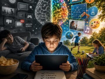 IMAGE: A child uses a tablet while contrasting symbols of passive scrolling and active learning surround them, illustrating how screen use can either distract or stimulate cognition depending on what the child does with it.