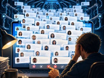 IMAGE: AI machinery floods a website with convincing fake comments while an overwhelmed human moderator deletes them one by one.