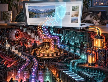 IMAGE: A browser’s clean surface conceals a vast surveillance machine consuming personal data, computing power and electricity.
