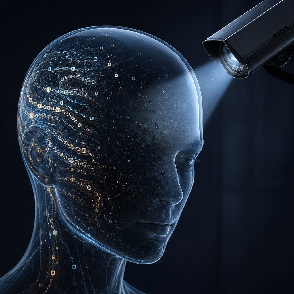 IMAGE: A transparent AI head conceals its glowing thought patterns under the gaze of a surveillance camera.