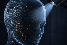 IMAGE: A transparent AI head conceals its glowing thought patterns under the gaze of a surveillance camera.