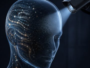 IMAGE: A transparent AI head conceals its glowing thought patterns under the gaze of a surveillance camera.