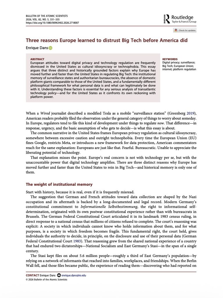 IMAGE: A screen capture of the first page of the article "Three reasons Europe learned to distrust Big Tech before America did", by Enrique Dans, published in the Bulletin for Atomic Scientists 