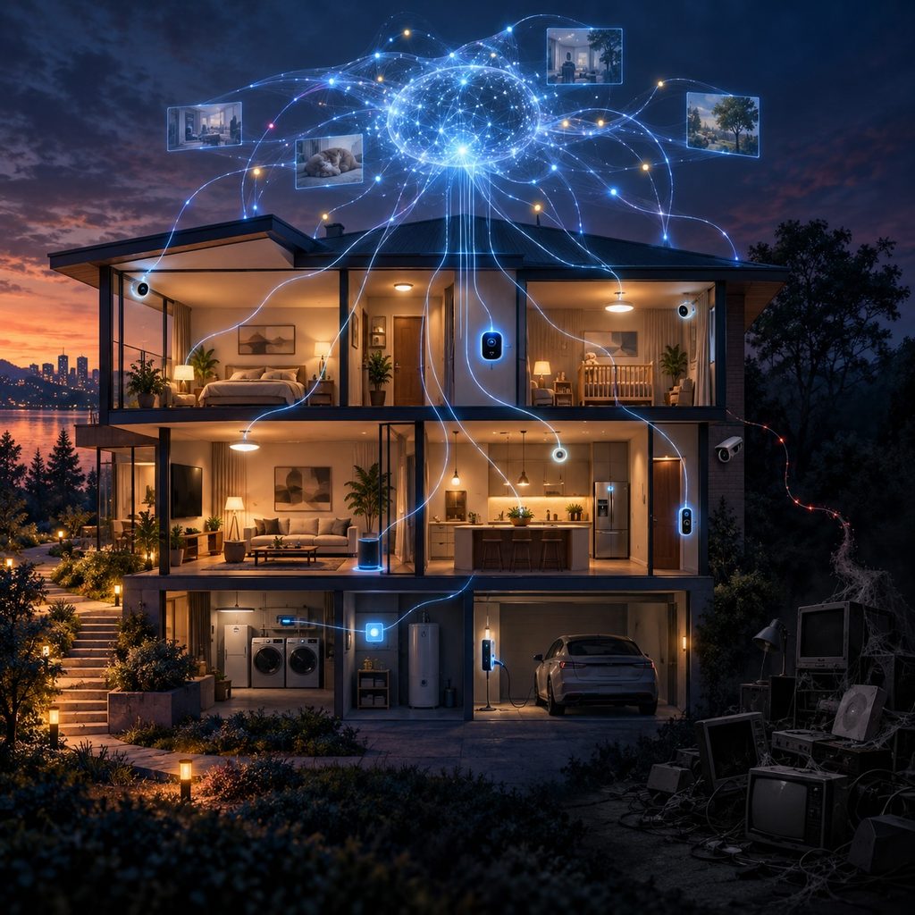 IMAGE: A glowing AI network connects every device in a smart home, while abandoned electronics lurk in the shadows. 