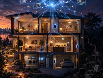 IMAGE: A glowing AI network connects every device in a smart home, while abandoned electronics lurk in the shadows.