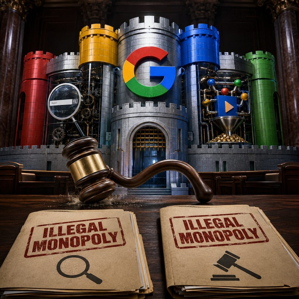 IMAGE: A Google-branded fortress remains intact behind two “Illegal Monopoly” case files as a rubber gavel bends harmlessly. 