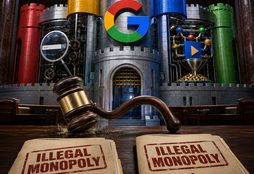 IMAGE: A Google-branded fortress remains intact behind two “Illegal Monopoly” case files as a rubber gavel bends harmlessly.